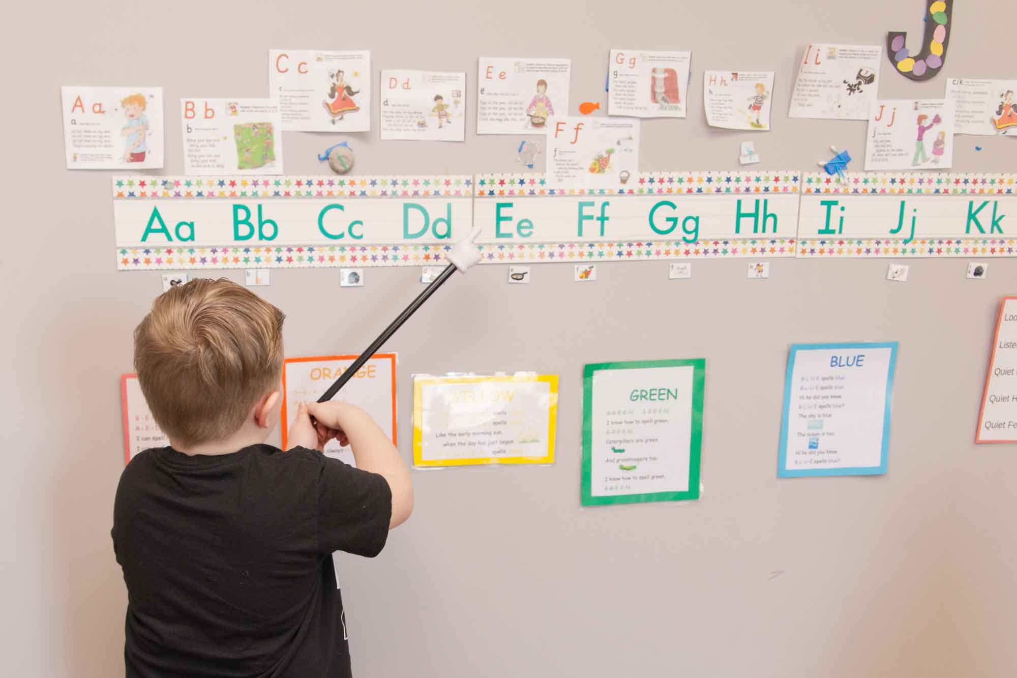 Child pointing to letters